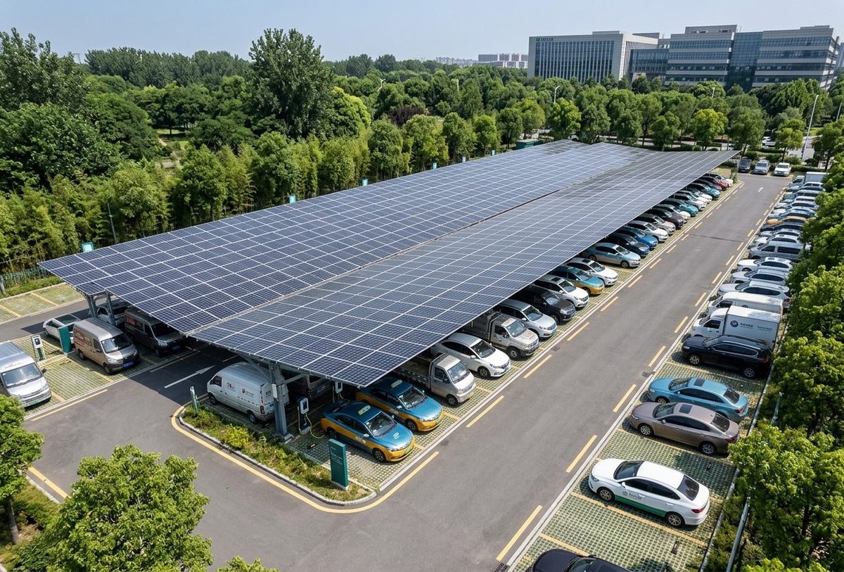 Commercial solar carport array over a parking lot