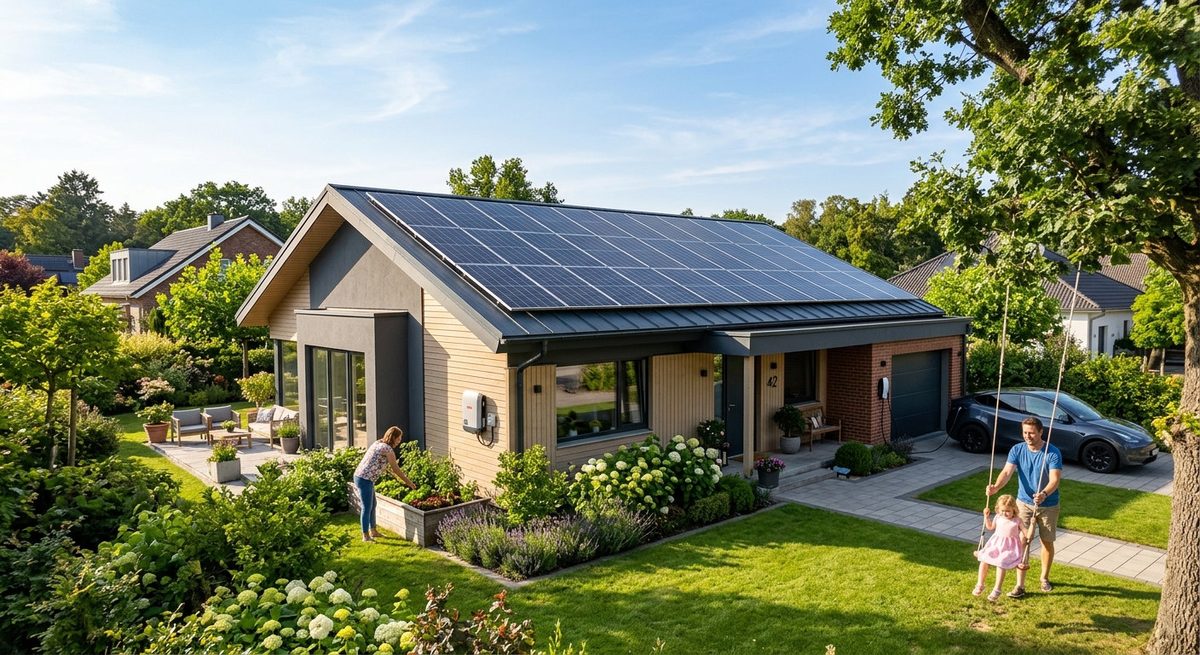 Residential home with rooftop solar panels